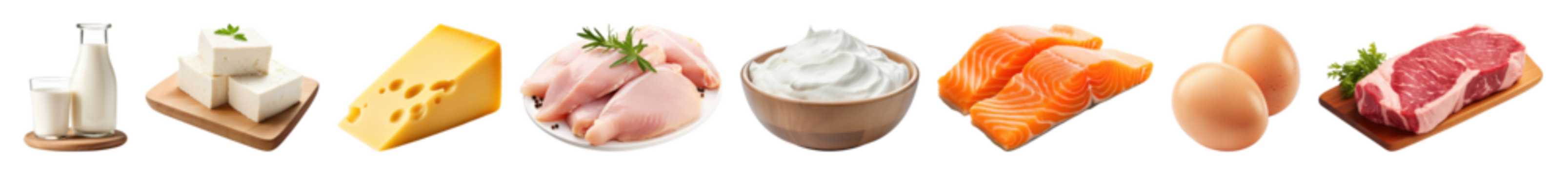 透明背景上的各类富含蛋白质的食品元素集PNG图片