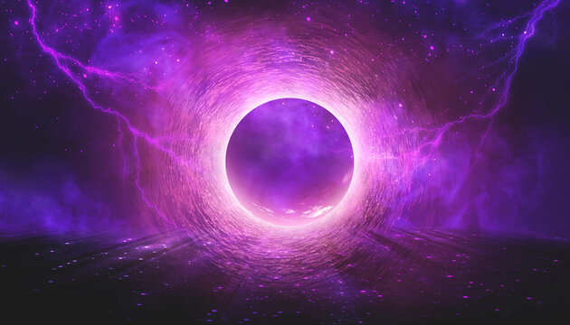 翻译标题：科幻未来主义霓虹太空背景，中心有光环、光线和线条，有反射和烟雾