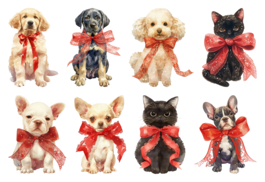 PNG Adorable puppies kittens with bows, element set on transparent background