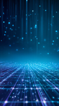 充满活力的数字景观，深蓝色空间中散布着发光粒子。地面上的线条构成网格，营造出深度感和未来主义氛围，适用于各类项目
