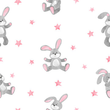 可爱小玩具兔子与星星无缝图案 矢量兔子插画