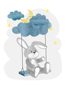 Cute toy bunny on swing with moon and clouds. Vector watercolor illustration. Baby shower design, kids poster	
