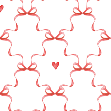 鲜红色水彩娇媚爱心蝴蝶结及淡蓝色奇幻丝带格子无缝手绘图案