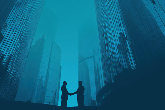 两名年轻男子在现代化玻璃摩天大楼之间的户外握手，剪影般的身影在城市商业区面对面站立，达成商业交易。