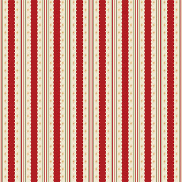 圣诞波浪形红条纹配金色星星图案设计。冬季节日礼品纸、竖条纹壁纸、重复背景、纺织品设计、印花。矢量插画