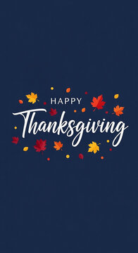 Happy thanksgiving text with autumn leaves and dots on a dark blue background, perfect for holiday greetings and seasonal designs