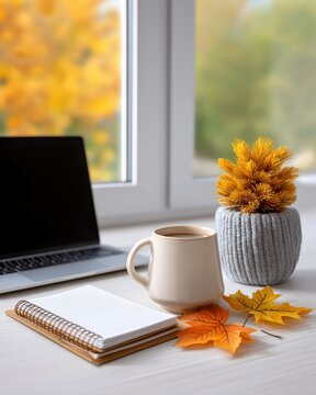 简约整洁书桌的平面布局，上面有笔记本电脑、咖啡杯、翻开的笔记本、盆栽植物和飘落的秋叶，柔和温暖的窗边光线，营造出温馨的家庭办公氛围，充满秋意的工作空间