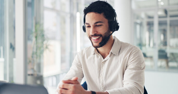 Laptop, smile and man in call center for technical support, feedback or troubleshooting. Computer, contact us and happy agent in workplace for software assistance, customer service and crm for IT