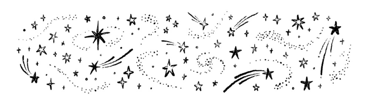 Hand drawn crayon sketch outer space stars background. Doodle pencil falling shooting stars, comets, meteors, bling, twinkle, glint, nebula, constellation  kid drawing. Cosmic textured doodle pattern