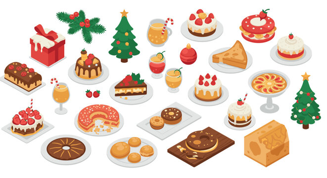 等轴测风格的带有圣诞元素的节日甜点系列