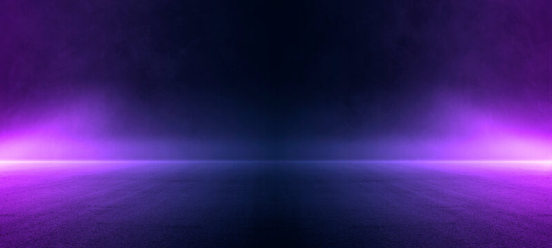 万圣节黑暗舞台，散发着紫色迷雾光芒、蓝色霓虹射灯，还有烟雾缭绕的街道风格地板的工作室场景。用于营造诡异氛围的音乐会、产品展示、活动横幅设计的抽象未来主义背景