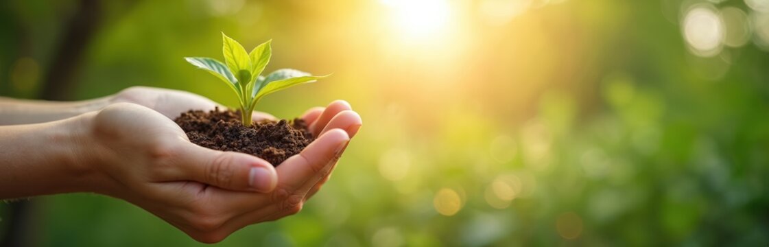 双手在肥沃土壤中呵护新的植物幼苗，阳光照耀下绿叶生长。培育自然、未来生机与气候行动。农耕、园艺、希望、生态平衡。