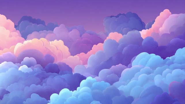 Layers of pastel clouds form serene sky illusion. Soft purples, blues, and pinks dominate, creating dreamy atmosphere. Smooth gradient transitions enhance visual calm. Neural network AI generated