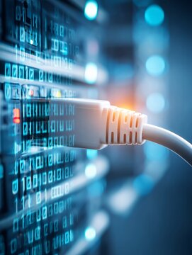 双重曝光艺术。一张电源线插入服务器的特写照片，象征着与数据中心的连接。电源线和连接部分融入流动的二进制代码和抽象元素之中。