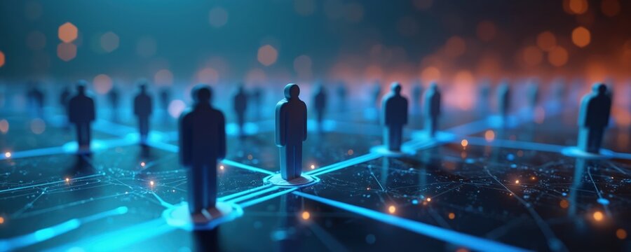 由发光线条连接的人物轮廓抽象网络。在未来主义网格中，数字数据在个体之间流动。以深蓝色和橙色呈现的商业或社会联系。