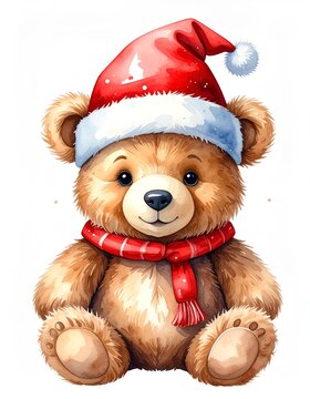 A teddy bear wearing christmas hat illustration watercolor children's, isolated on white background