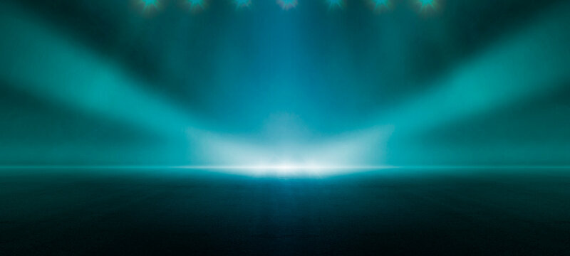 带有雾光、霓虹射灯和烟雾弥漫街道地面的深蓝色舞台工作室。适用于音乐会、产品展示、横幅、营造诡异氛围的万圣节活动设计的抽象未来主义背景。