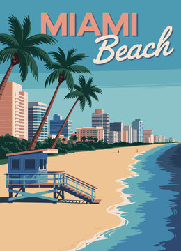迈阿密海滩复古海报 - 城市天际线、救生员小屋、海岸线、冲浪与海浪复古矢量插画