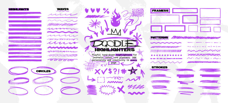 Doodle Highlighters and Scribble Elements Set. Playful hand-drawn scribbles, arrows, underlines, highlighter strokes and shapes in purple for notes. School board notes. Vector graphic set
