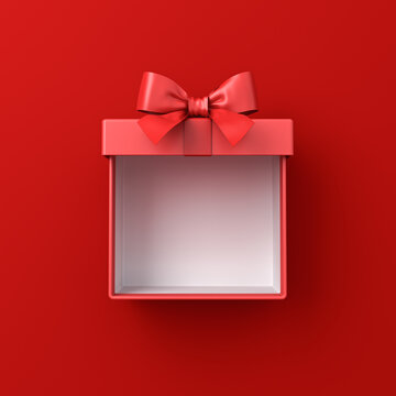 空白红色礼品盒，打开或顶视图，红色礼物盒系着红色丝带蝴蝶结，孤立在深红色背景上并带有阴影，简约概念3D渲染