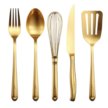 豪华金色厨房用具剪贴画集 - 高级金属烹饪工具（孤立元素）