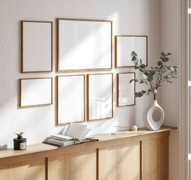 Mock up poster frame in living room interior. Interior Scandinavian style. 3d render