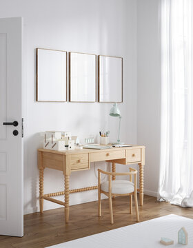 3 frame mockup in teenager room, unisex interior, Scandinavian style, 3d render