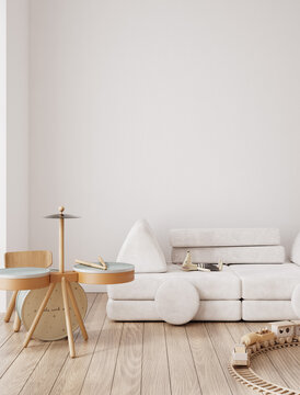 儿童卧室墙面模型，带有模块化沙发和鼓的温馨简约儿童房内饰，3D渲染图