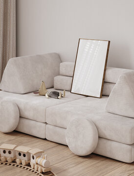 儿童卧室相框模型，温馨简约儿童房室内设计，3D渲染