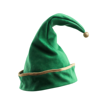 一顶传统的绿色精灵帽，配有金色帽带，弯曲的帽尖上有一个小金铃，展示在黑色背景上。