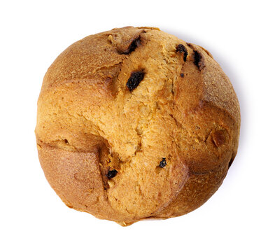 圣诞美食。美味的潘妮托尼蛋糕置于白色背景上，俯视图