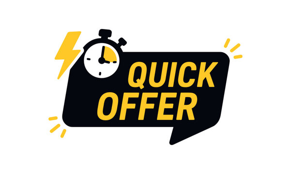 扁平矢量横幅设计图标，闪电和秒表靠近文字“快速报价”，黑色且充满动感的标签
