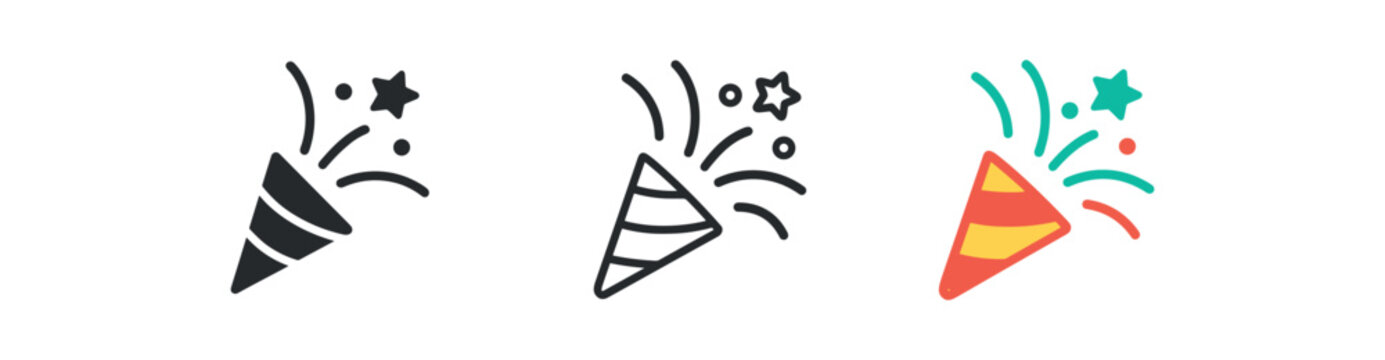 白色背景上的派对五彩纸屑爆炸图标 黑色轮廓扁平图标、轮廓图标和彩色图标风格 鲜艳的节日色调 红色、绿色、青绿色 三种简约矢量图标风格