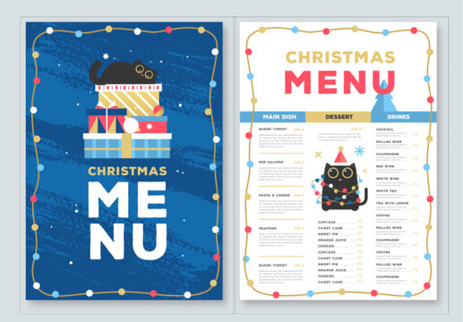 餐厅圣诞假期固定菜单设计，蓝色背景上有有趣的猫咪。矢量插画