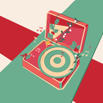 饰有冬青枝（带浆果）与音符的复古电唱机矢量插画，圣诞主题。适用于节日音乐、复古装饰及冬季庆典概念的喜庆设计。