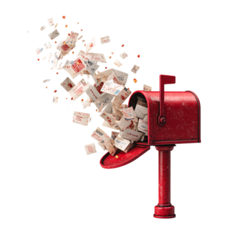 红色邮箱里塞满了寄给圣诞老人的信，透明背景无其他杂物