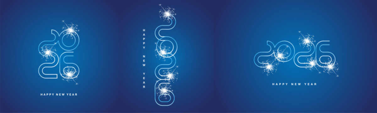 2026 Happy New Year event ultra modern neon line design numbers typography. Set collection of 2026 white blue icon logo with sparkle firework for calendar, poster, banner and social media template