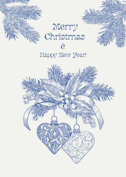 圣诞复古插画：带蝴蝶结的双心玩具、杉树枝与浆果。蓝米色。手绘元素。适用于节日装饰、装潢、贺卡、封面及海报设计的Toile风格矢量背景