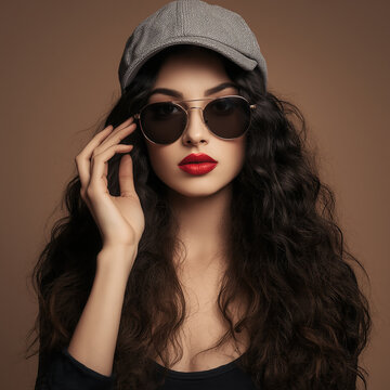 时尚风格妆容的年轻女性佩戴黑色太阳镜与夏季灰色帽子摆姿势，涂亮红色口红，于工作室棕色背景前的正面特写肖像