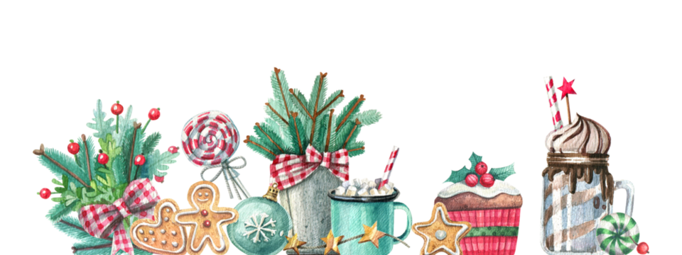 带有糖果、礼物和冬季绿植的节日水彩边框。用于包装纸、网络横幅和季节性设计的手绘水平插画。
