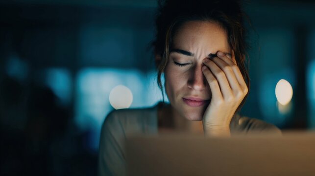 疲惫的女性揉着眼睛，在深夜工作时饱受眼疲劳、疲倦或干眼症之苦