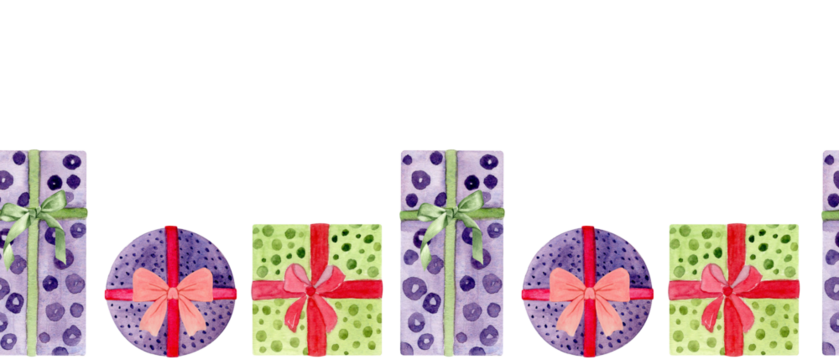 系着丝带和蝴蝶结的礼品盒。水彩无缝边框，白色背景上孤立呈现。非常适合用于圣诞、新年、生日、庆祝活动等装饰项目。颜色有绿色、紫色、红色。带有波尔卡圆点和条纹图案。