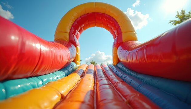 游乐场上带有五彩设计的充气滑梯。天空背景下充气城堡的底部视角。红黄蓝颜色醒目。暑期活动中孩子们的娱乐项目。