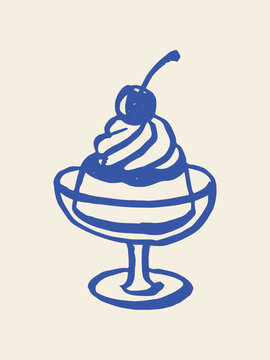 玻璃杯中盛着樱桃的意式奶冻甜点，质朴风格的矢量草图插画