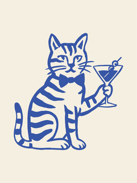 拿着马天尼鸡尾酒的猫，质朴风格的矢量草图插画