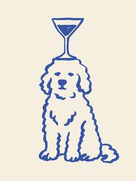 头上顶着鸡尾酒的狗，质朴风格矢量草图插画