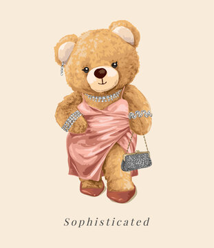 cute bear doll in pink dress and jewelry vector illustration - drawn by hand
