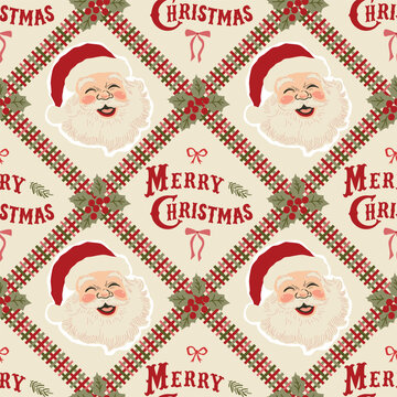 复古圣诞老人、圣诞格纹与字母无缝图案：舒适田园风冬日假期壁纸，拼布重复背景，矢量新年锦缎印花、马赛克纺织品设计及礼品纸