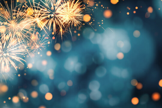 烟花与金色散景灯光，新年庆祝、节日活动、圣诞节或节日主题的喜庆背景，带有用于设计的文案空间，洋溢欢乐氛围