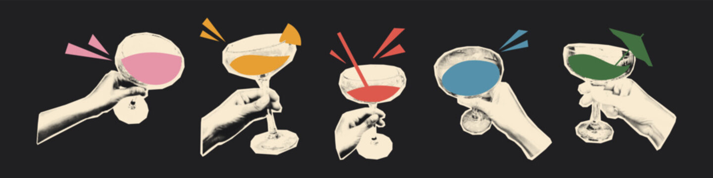 Halftone hands holding cocktail glasses with colorful drinks. Modern retro collage vector illustration for grunge funny mixed media party design, stickers for digital scrapbook